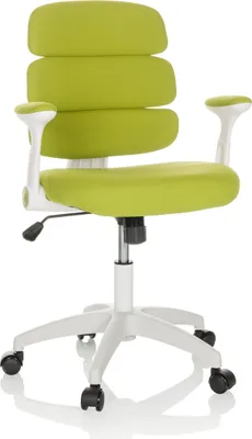 A studio shot of a green and white office chair for children.