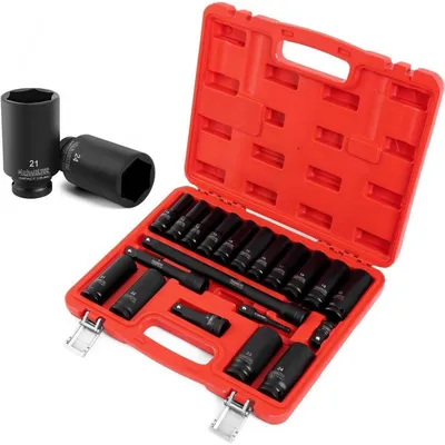 Immagine prodotto di Set di bussole per avvitatore a percussione, 20 pezzi, 1/2 pollice, da 10 a 24 mm, chiavi a bussola ad alta resistenza in acciaio Cr-MO a 6 punte, con prolunghe