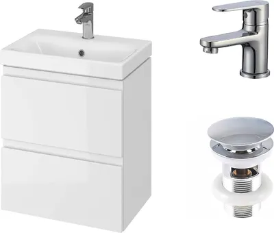 Obrázek produktu pro VBChome Koupelnový nábytek 50 cm Slim White s baterií a vyskakovacím ventilem Umyvadlo s toaletní skříňkou Umyvadlo se 2 zásuvkami na stěnu Click-Clack