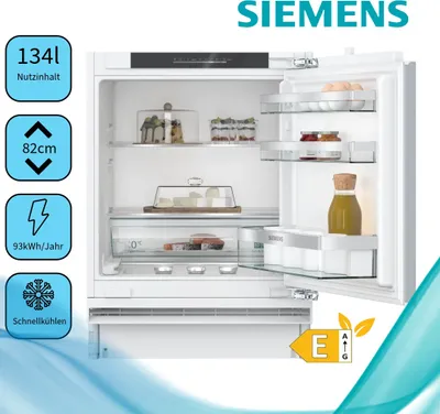 A Siemens built-in refrigerator with various features highlighted through icons and text overlays.