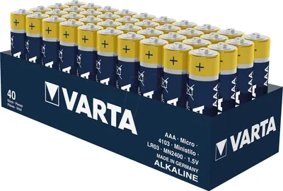 A cardboard box filled with Varta AAA batteries.