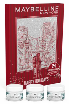 Produktbild von Maybelline Happy Holidays Adventskalender 2026 mit 3 Wellness-Extras, KI-generiertes Bild