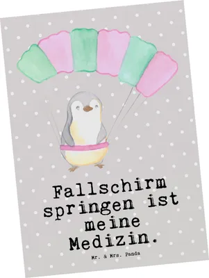 Produktbild von Mr. & Mrs. Panda Postkarte Pinguin Fallschirm springen - Grau Pastell - Geschenk, Tandemsprung, Fallschirmspringen, Extreme Sport, Postkarten, Ansichtskarte, Motivkarte