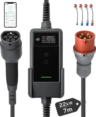 Produktbild von Tragbares EV-Ladegerät, Max. 22 kW Leistung, Einstellbare Stromstärken, 7m mit 4 Adaptern, Typ2-a
