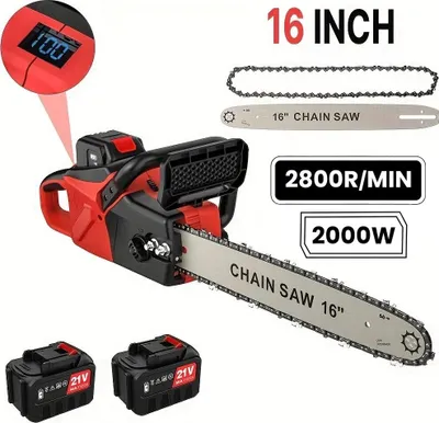 Image de Tronçonneuse électrique - Batterie, moteur sans balais - Guide-chaîne de 40,6 cm - Lubrification automatique de la chaîne - 2 batteries - Rouge