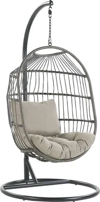 Produktbild von BELIANI Hängesessel mit Metallgestell Schwarz Rattan / Flechtseil 2 Kissen Taupe Hängestuhl Korb Schwebesessel Wohnzimmer Terrasse Balkon Modernes Design