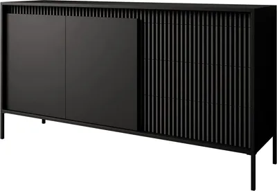 A black sideboard with two doors and three drawers, shown against a white background.