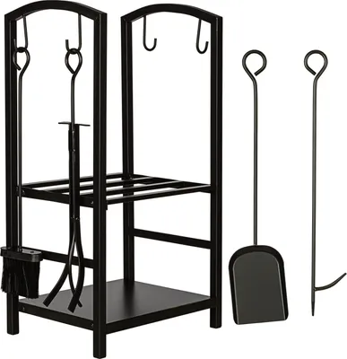 A black metal firewood rack with fireplace tools displayed against a white background.