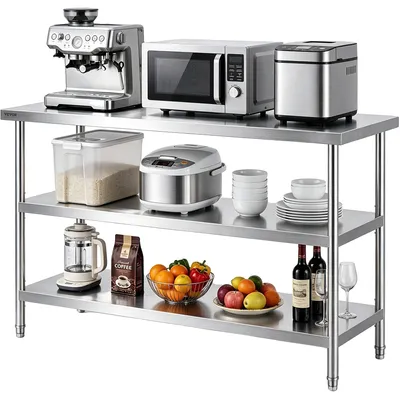 Immagine prodotto di VEVOR Tavolo per la preparazione di alimenti in acciaio inox, tavolo da lavoro per cucina commerciale, con 2 ripiani inferiori regolabili, 457 x 1219 x 864 mm Tavolo di preparazione per barbecue, cucina, casa