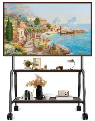 Produktbild von TV Ständer Rollbar für 32-75 Zoll Fernseher bis 50 kg, höhenverstellbar, mit Holzablage, VESA 600x400 mm