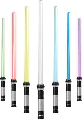 A collection of seven lightsabers with different colored blades and silver and black handles, arranged in a row against a white background.