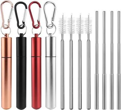 Zdjęcie produktu dla Słomki ze stali nierdzewnej 4 sztuki, wielokrotnego użytku metalowe słomki, teleskopowe 10-22,5 cm