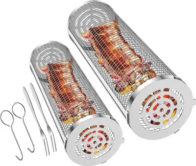 Produktbild von 2 Stücke Rolling Grillkorb mit Gabel Zylindrischer Grillkorb Edelstahl BBQ Zubehör Grill Rack für Gemüse, Pommes, Fisch, Garnelen Grillkochzubehör,