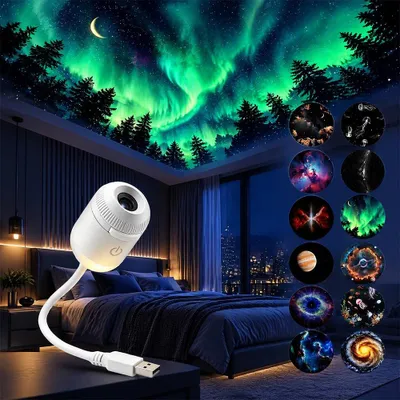 Galaxie-Projektor Nachtlicht, 2-in-1, 360°, 12 Filme, USB