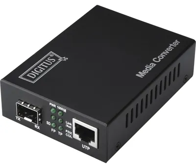 Zdjęcie produktu dla Digitus Media konwerter RJ45 10/100/1000Base-T na SFP 1000 Base-SX/LX (bez modułu SFP), 1000 Mbit/s, IEEE 802.3, IEEE 802.3u, IEEE 802.3z, Gigabit Ethernet, 10,100,1000 Mbit/s, Pełny, Pół-dupleks, 80000 m