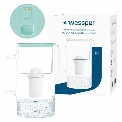 Immagine prodotto di Caraffa filtrante per acqua Wessper D2 BOROSILICATE futureflow™ da 3 L alla menta – con filtro AquaClassic