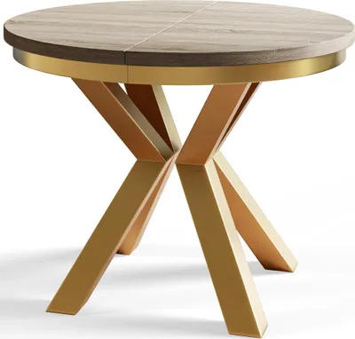Immagine prodotto di Tavolo rotondo per sala da pranzo LOFT, diametro tavolo allungabile: 120 cm/200 cm, colore tavolo da soggiorno: nero, con gambe in metallo color oro