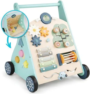 Productafbeelding van Laavir Activiteiten loopwagen - Houten Loopwagen voor Baby's - Montessori Activiteitenwagentje met Spelletjes en Klok - Mintblauw -Gecertificeerd - 1 Jaar+