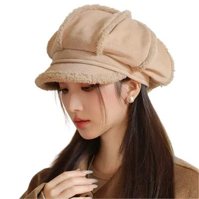 Produktbild von Damen Baskenmütze, Schirmmütze, Ballonmütze, Vintage Wintermütze, Klass Barett, Beige