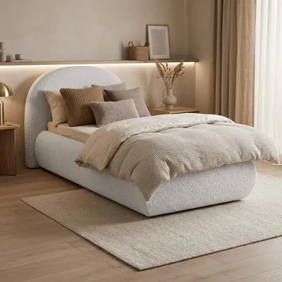 Produktbild von BEAUTYSOFA | Polsterbett MOTTI 90x200 cm - Einzelbett mit Bettkasten & Matratze MEDIRO ERGO+ H2 und gepolstertem Kopfteil - Bouclé Hellgrau
