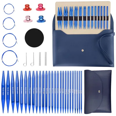 Produktbild von Set mit 13 austauschbaren Rundstricknadeln (40 cm/60 cm/80 cm/100 cm), inklusive Tasche und Zubehör, 3,0–10,0 mm Aluminium, blau