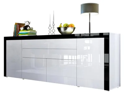 Produktbild von Sideboard La Paz V2,  Germany, Kommode mit 2 Türen, 2 Schubladen und 2 Klappen, Weiß Hochglanz/Schwarz Hochglanz (200 x 72 x 35 cm)