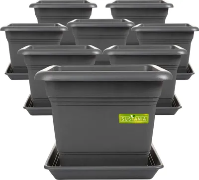 Produktbild von Eckiger Pflanzkübel anthrazit 8er Set mit Untersetzer, optimal für Tomaten und Balkon
