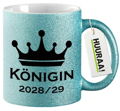 Produktbild von Huuraa Glitzertasse Königin 2028/29 Krone Schüztenkönigin 330ml Blau Keramik Kaffeebecher Geschenkidee