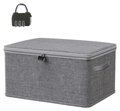 Image de Boîte de rangement verrouillable avec couvercle, boîte de 40 x 30 x 21 cm avec serrure à combinaison, boîte en tissu pliable avec poignées, boîte à médicaments verrouillable