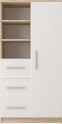 A front view of a tall, narrow cabinet with shelves on the left and a door on the right.