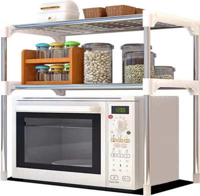 Produktbild von Bayli półka na kuchenkę mikrofalową z 2 poziomami | uchwyt na kuchenkę mikrofalową | półka kuchenna | organizer na stół [56 x 30 x 50 cm] | uchwyt na mini piekarnik | półka na przybory kuchenne do małej kuchni, blat | półka stojąca