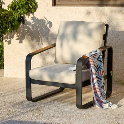Image de Canapé de jardin Tribesigns pour l'extérieur avec coussins, chaises de balcon à structure en aluminium noir, chaises et fauteuils de jardin avec accoudoirs en bois