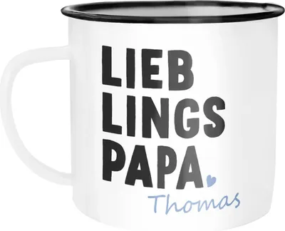 Produktbild von Emaille-Tasse Becher Schriftzug Lieblingspapa Name personalisierbar Geschenk Papa Vater SpecialMe® weiß-schwarz Emailletasse