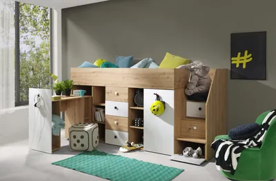 Produktbild von MINIO go for it, Hochbett mit Schreibtisch SMARTI 3 Weiss Rechts