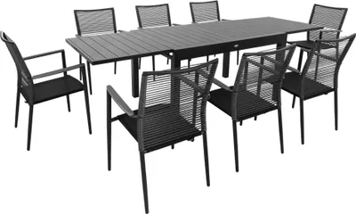 A gray rectangular garden table with eight matching chairs, all made of dark woven material and metal frames, arranged on a white background.