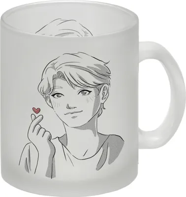 Produktbild von K-Pop Herz Zeichen Glas Tasse mit Manga Charakter in schwarz-weiß