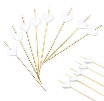 Image de Brochettes pour cocktails, 100 pièces, 12 cm, en bambou, avec des décorations en forme de cœur blanches, idéales pour les fêtes et les cocktails