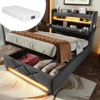Image de Lit simple rembourré 90 x 200, Tête de lit de rangement avec port USB et type C ,Lits LED avec rangement hydraulique, Gris , Avec matelas