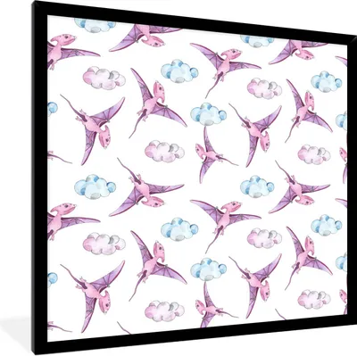 Produktbild von MuchoWow® Gerahmtes Poster Dinosaurier - Kinderzimmer - Lila - Mädchen - Kinder - Rosa - Kinder 40x40 cm - Poster mit Schwarzem Bilderrahmen Wandposter Rahmen Foto Bilder - Mit Rahmen - Wanddekoration Schlafzimmer