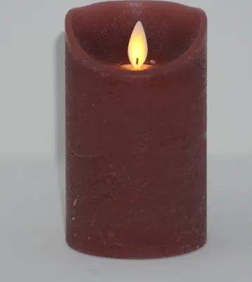 A close-up studio shot of a single, dark red LED candle with a flickering yellow flame.