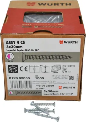 Produktbild von Würth Assy 4 CS Spanplattenschraube 3x30mm, 1000 St/Pack, Stahl verzinkt, Vollgewinde, Senkkopf RW 10