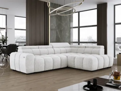Produktbild von DomoHome Freistehend Ecksofa Ombo 297x137cm, L-Form, LICHTGRAU mit Schlaffunktion 125x193cm, Sofa mit verstellbarer Rückenlehne, Strukturstoff Eden, Verstellbare Kopfstütze