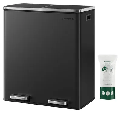Zdjęcie produktu dla Pojemnik na odpady z dwoma przegródkami – do segregacji odpadów recyklingowych i odpadów– wykonany ze stali, kolor czarny – wymiary: 58,6 x 32 x 65 cm