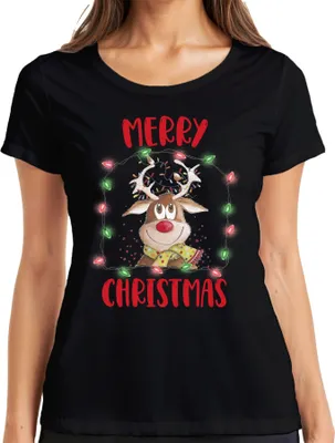 Produktbild von Merry Christmas Rentier Lichterkette - Weihnachten Weihnachtsgeschenk Christmas Damen T-Shirt, Schwarz, L