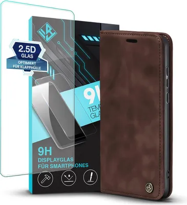 Produktbild von Handy Hülle für Xiaomi Redmi 12C mit 9H Displayglas Klapphülle Bookcase Flip Cover Handy Tasche Etui Farbe: Dunkelbraun