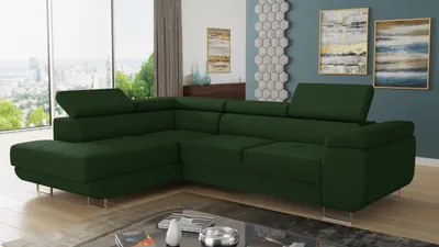 Produktbild von Ecksofa Caris mit Schlaffunktion und einstellbare Kopfstützen, Cord Stoff, Wohnlandschaft mit Bettkasten, Couch, Sofa, Bettsofa (Grün (Poso 014), Ecksofa Links)