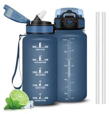 Produktbild von Trinkflasche 500ml Mujigaga, auslaufsicher mit Strohhalm, Zeitmarkierung, Büro