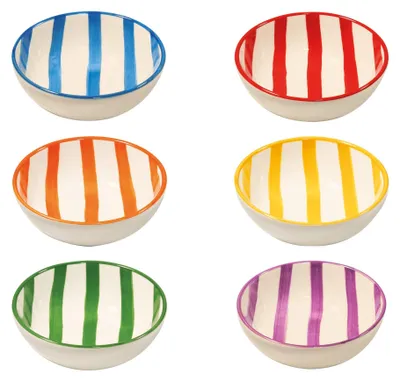 Produktbild von Zafferano Lido 6er-Set Schüsseln aus italienischer Keramik, bunte vertikale Streifen, ideal für Vorspeisen und Desserts, handgemachtes Design