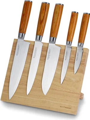 Produktbild von ECHTWERK EW-DM-0377-2 Damaszener Messer Set 6tlg, Griffe natur, inkl. Magnet-Messerblock / Damastmesser