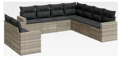 Produktbild von Garten-Sofa-Garnitur 9-teilig, Gartenmöbel-Set mit Kissenstauraum, Sitzgruppe für Garten und Terrasse, modulares Gartensofa Lounge, hellgrau Poly Rattan